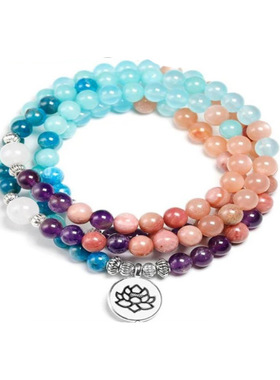 欧美时尚新款白松石紫晶手链108颗佛珠莲花吊坠手链项链