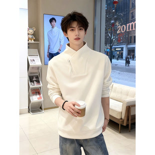 白色斜领拉链短款卫衣男秋冬重磅长袖t恤正肩立领加绒内搭打底衫