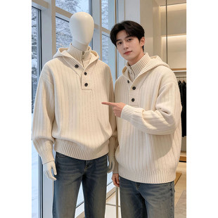 白色假两件高领拉链毛衣男款冬季设计感连帽针织衫慵懒风加厚外套
