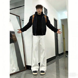 cleanfit白色牛仔裤男款秋冬加绒加厚美式裤子直筒宽松弯刀阔腿裤