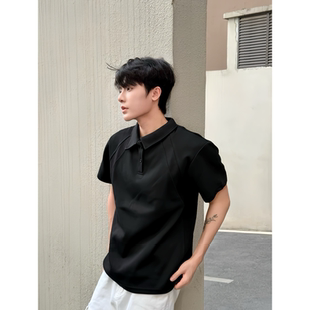 夏季 美式 男款 黑色boxy短袖 正肩高级感cleanfit重磅翻领t恤 polo衫
