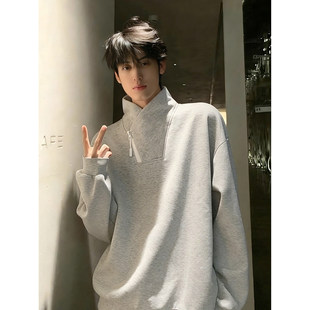 老钱风斜领拉链加绒卫衣男款冬季设计感长袖t恤内搭交叉V领打底衫