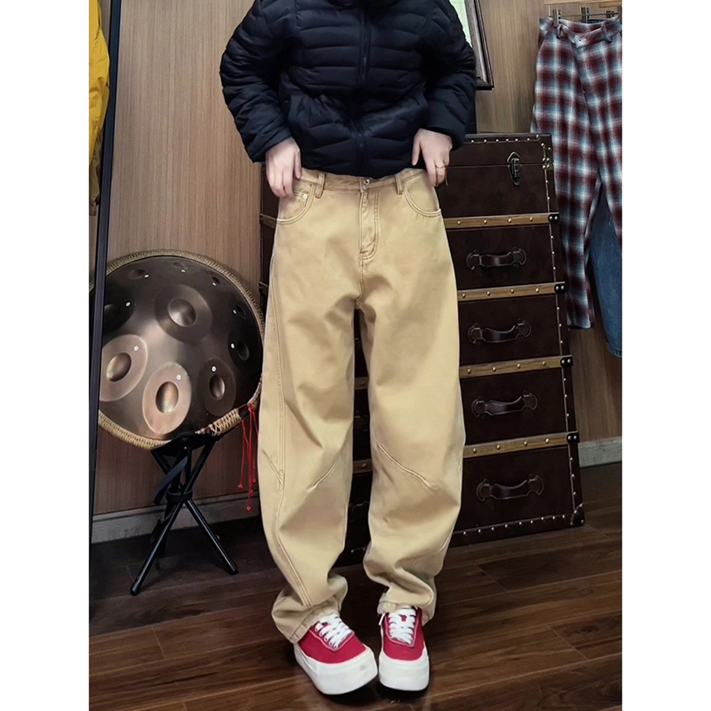 卡其色美式复古弯刀裤子男款秋冬宽松阔腿工装裤斜切直筒休闲长裤,男装,休闲裤,淘宝优惠券,粉丝福利购,淘宝优惠卷