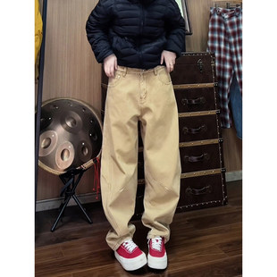卡其色美式复古弯刀裤子男款秋冬宽松阔腿工装裤斜切直筒休闲长裤