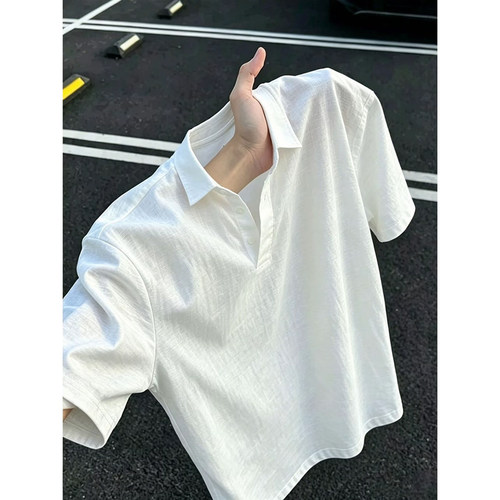 白色仿亚麻短袖POLO衫男款夏季