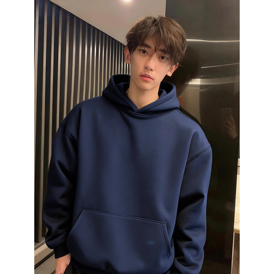 藏青色加绒卫衣男款500g重磅外套