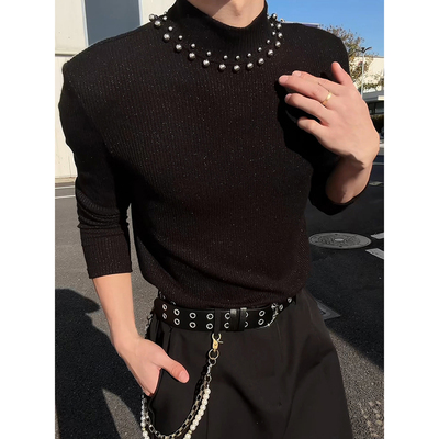 美式高街黑色修身毛衣男冬季半高领钉珠针织衫痞帅垫肩内搭打底衫