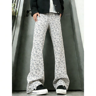 满印美式复古提花牛仔裤男秋冬小香风高街裤子提档窄版直筒微喇裤