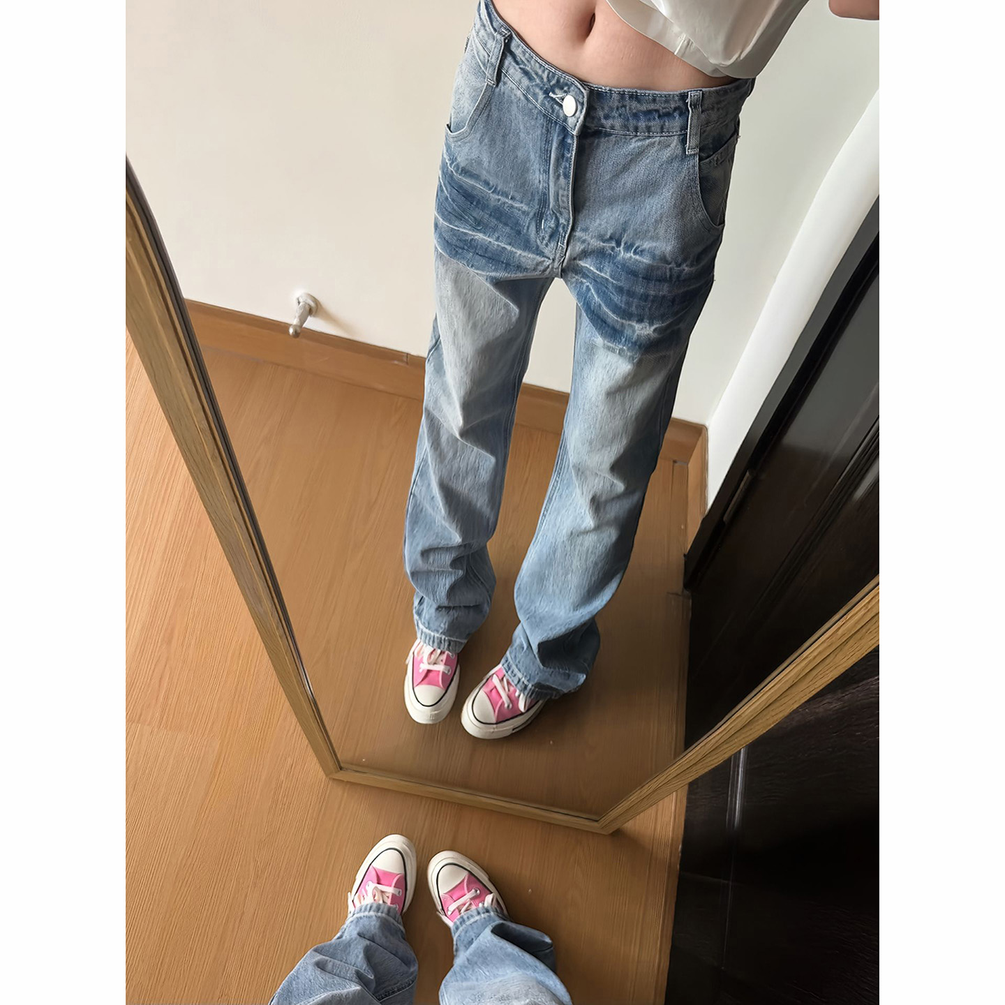 闪电纹水洗牛仔裤男美式高街裤子