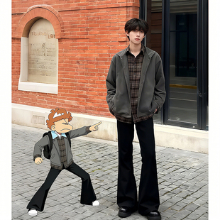 子重磅垂感直筒休闲裤 黑色高街加绒微喇西裤 男秋冬cleanfit弯刀裤