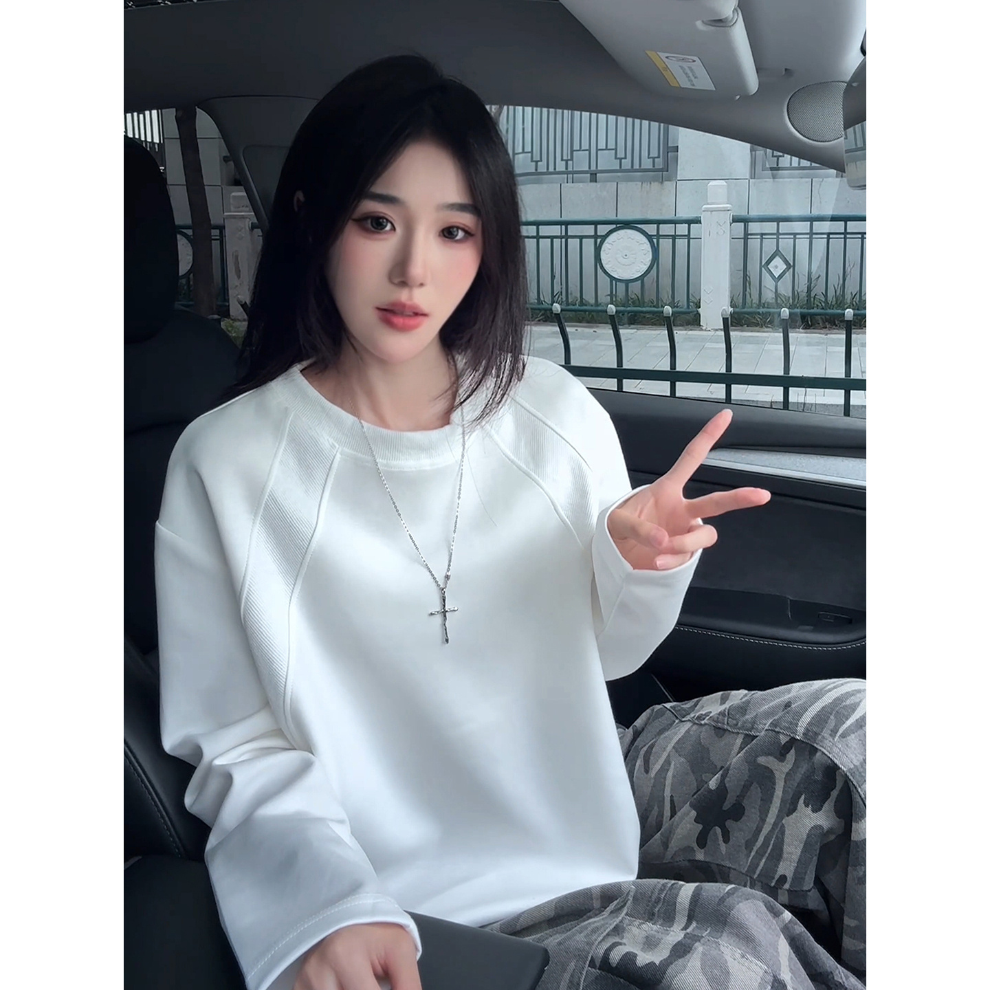 300g重磅白色卫衣男拼接长袖T恤