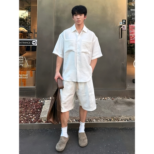 男款 高级感莱赛尔短袖 英伦雅痞老钱风亚麻套装 夏季 一整套 衬衫 短裤