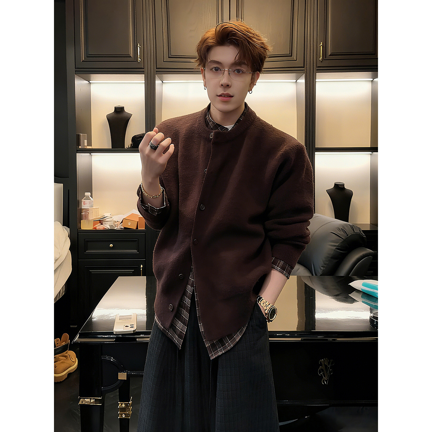 格子拼接开衫毛衣男高级感针织衫