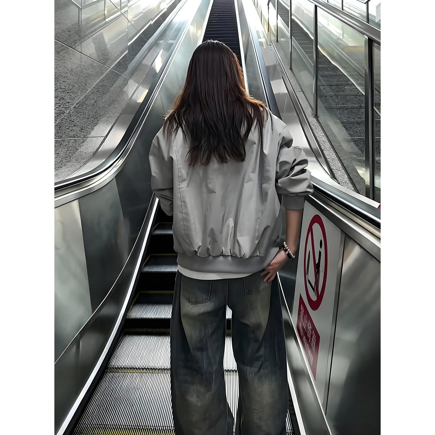 浅灰色美式飞行员夹克男女款秋季廓形工装外套立领拼接短款棒球服