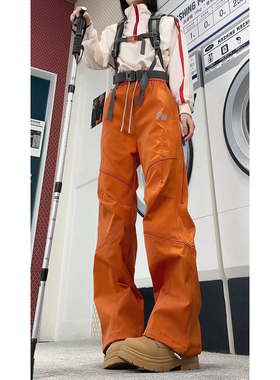 橙色软壳加绒工装冲锋裤男女秋冬加厚防水防风裤子户外运动登山裤