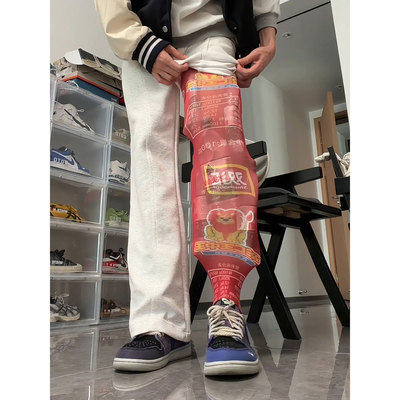 斜切加绒微喇卫裤男美式弯刀裤子