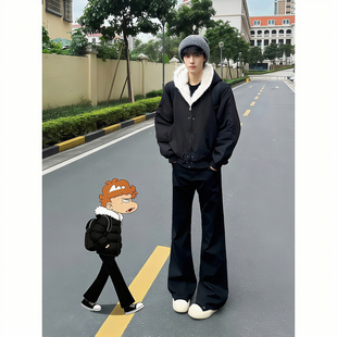 黑色加绒微喇西裤男款秋冬高街痞帅高级感裤子遮肉显瘦弯刀休闲裤