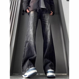 黑色爆裂闪电纹牛仔裤男秋冬加绒美式微喇裤子显瘦直筒弯刀工装裤
