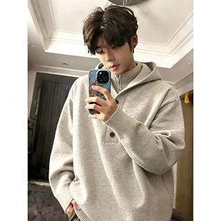 假两件连帽高领毛衣男春季人夫感穿搭拉链针织衫老钱风高级感外套