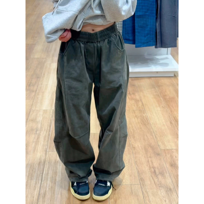 水洗纯棉工装裤男军绿色褶皱裤子