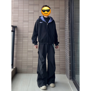 黑色加绒微喇西裤男款冬季加厚美式褶皱工装裤子直筒阔腿休闲长裤