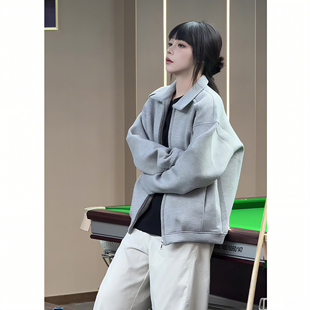 cleanfit短款毛呢外套男女秋冬美式复古行政夹克翻领拉链开衫卫衣