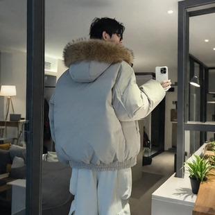 美式灰色派克羽绒棉服男款冬季潮牌大毛领棉衣外套加厚短款面包服