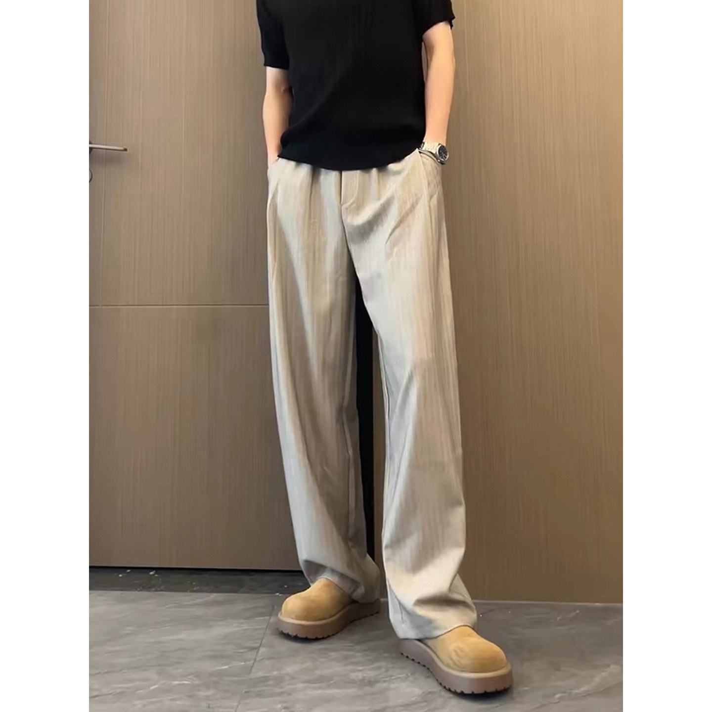 老钱风褶皱条纹休闲西裤男款夏季图片