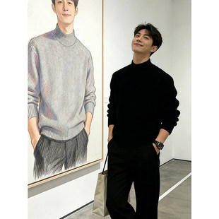 黑色半高领毛衣男士英伦风穿搭高级感针织衫加厚人夫感内搭打底衫