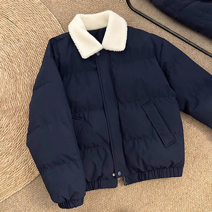 藏青色羊羔绒翻领棉服外套男生冬季穿搭加厚保暖棉衣短款夹克棉袄