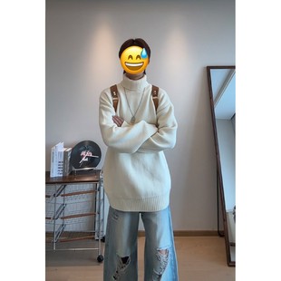 内搭美式 针织衫 情侣外套 长袖 cleanfit杏色高领加绒毛衣男女秋冬季