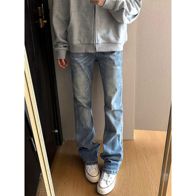 浅蓝色弯刀牛仔裤男美式高街裤子