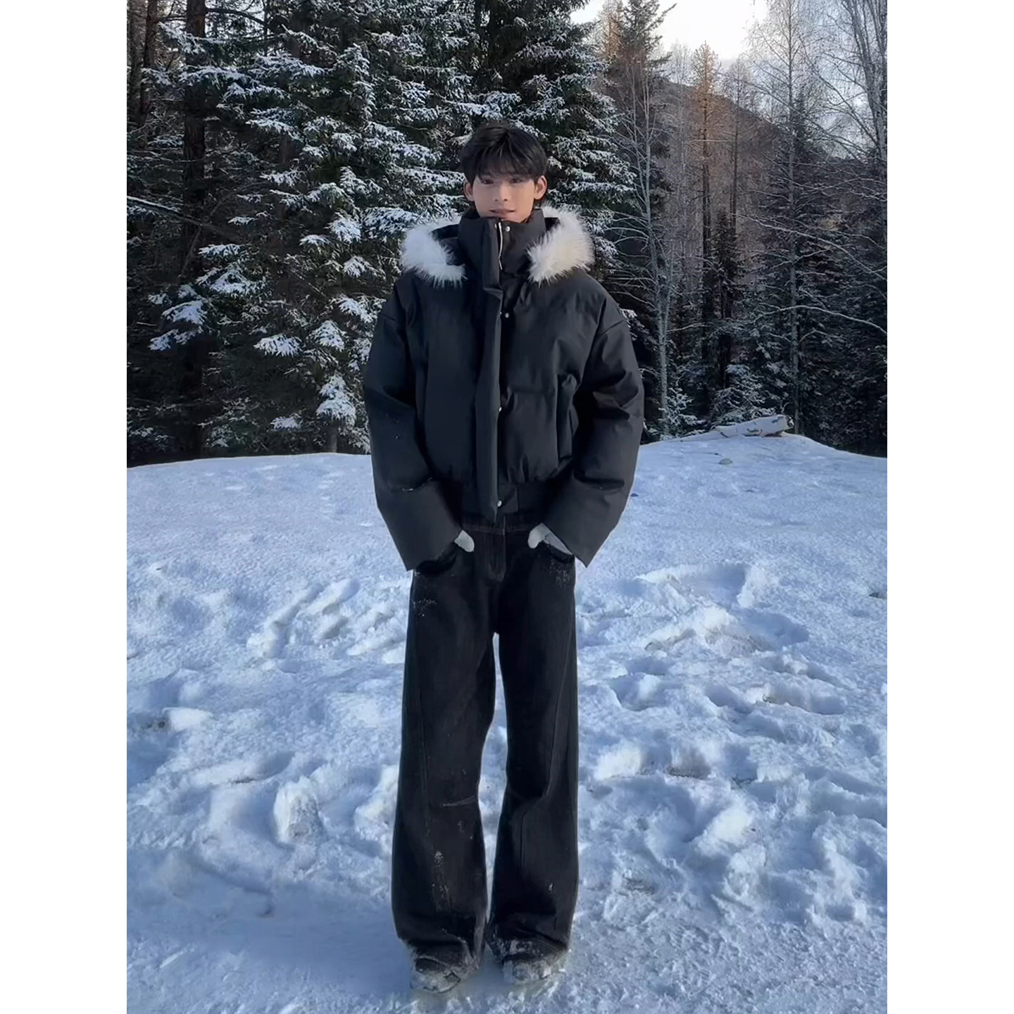 PU皮羽绒棉服男毛领连帽棉衣外套