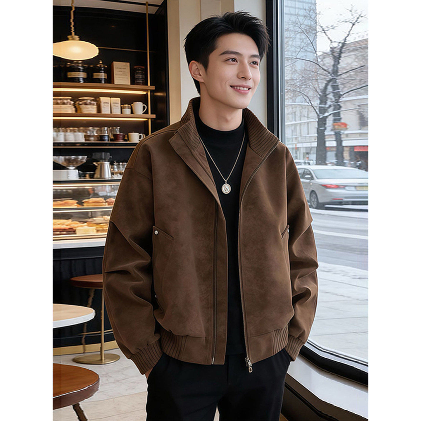 棕色美式立领飞行夹克男春季美拉德pu皮衣外套廓形短款工装冲锋衣