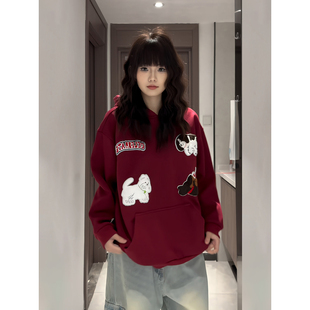 卡通植绒红色连帽卫衣男生冬季圣诞穿搭加绒外套美式保暖情侣上衣