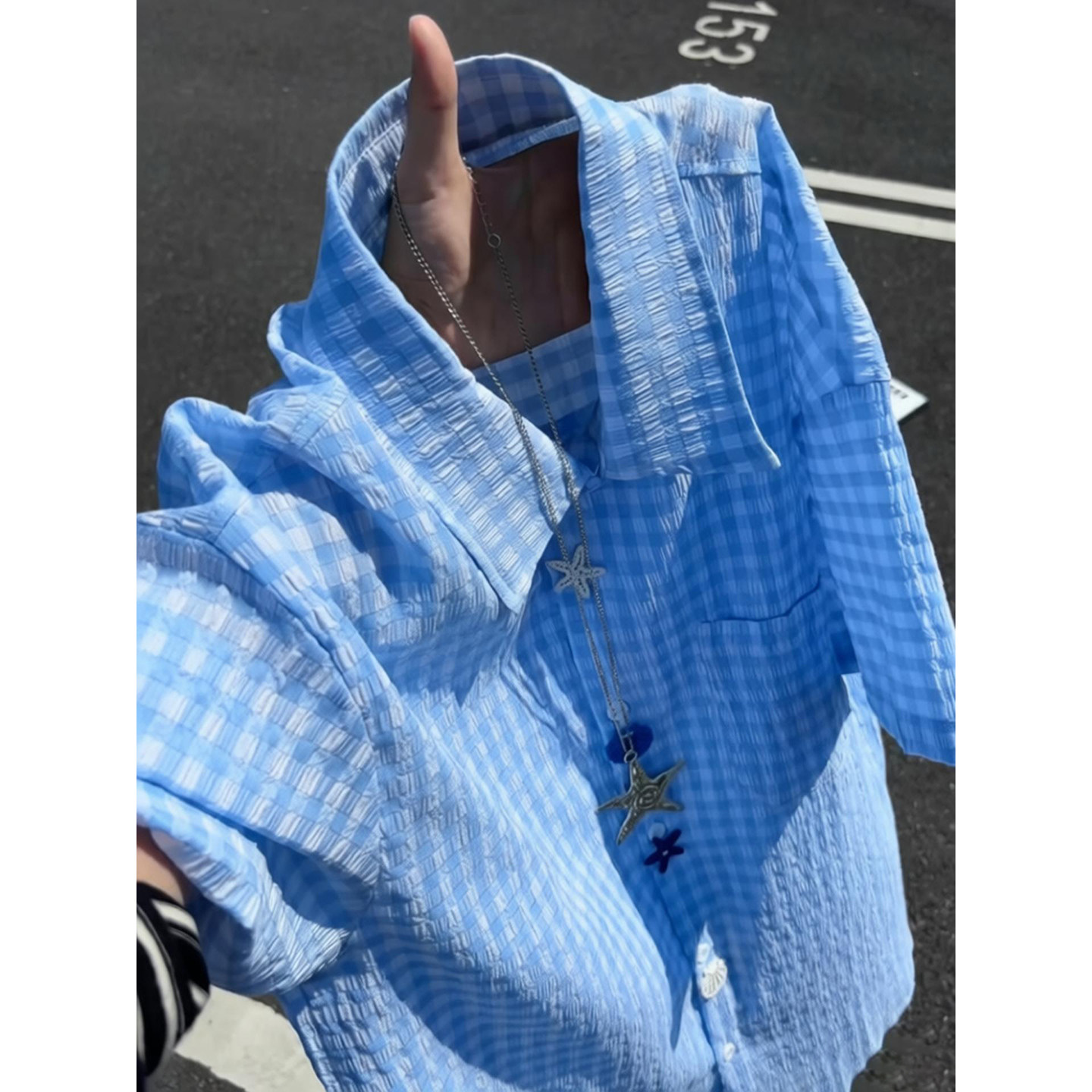 美式趣味纽扣格纹衬衫男女夏季薄款泡泡纱短袖衬衣情侣小清新外套