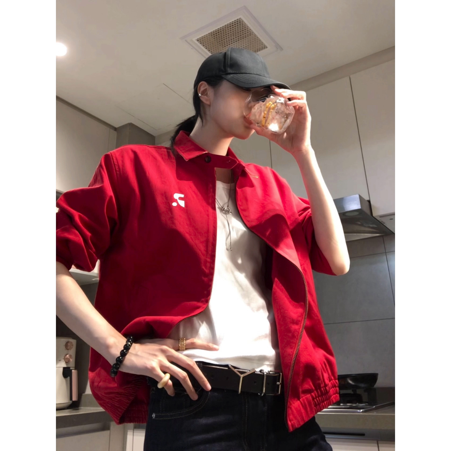 美式复古红色衬衫外套男女款秋季哈灵顿工装夹克休闲情侣装棒球服