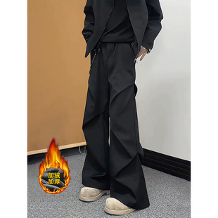 黑色美式弯刀微喇西裤男款秋冬加绒褶皱伞兵工装裤直筒阔腿休闲裤