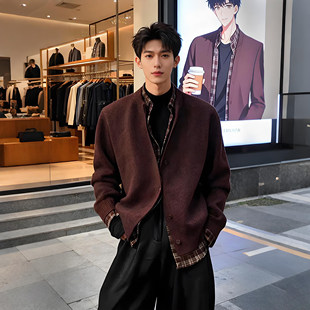 老钱风假两件格子开衫毛衣男秋冬人夫感穿搭针织衫美拉德棕色外套