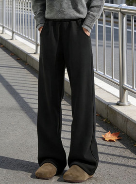 黑色美式重磅加绒卫裤男款冬季垂坠感弯刀裤子微喇健身运动休闲裤