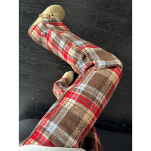 红色毛呢格子加绒卫裤男款冬季美式重磅阔腿裤子加厚直筒休闲长裤