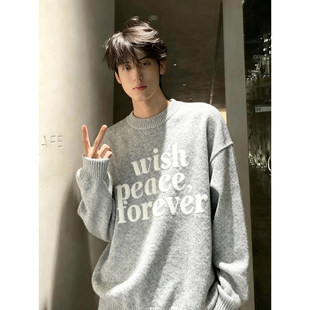 美式复古字母提花毛衣男款冬季加厚内搭针织衫韩系慵懒松弛感外套