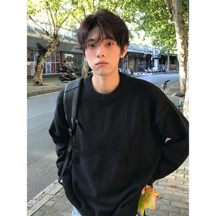 少年感黑色圆领毛衣男款冬季加绒加厚打底针织衫内搭慵懒软糯外套