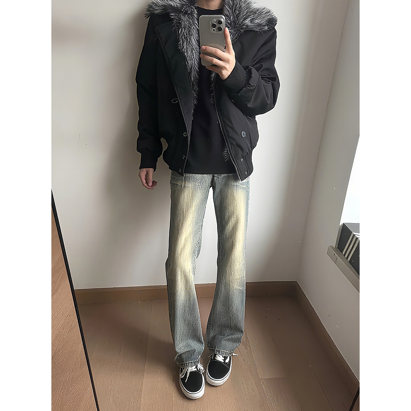 闪电纹微喇牛仔裤男美式高街裤子