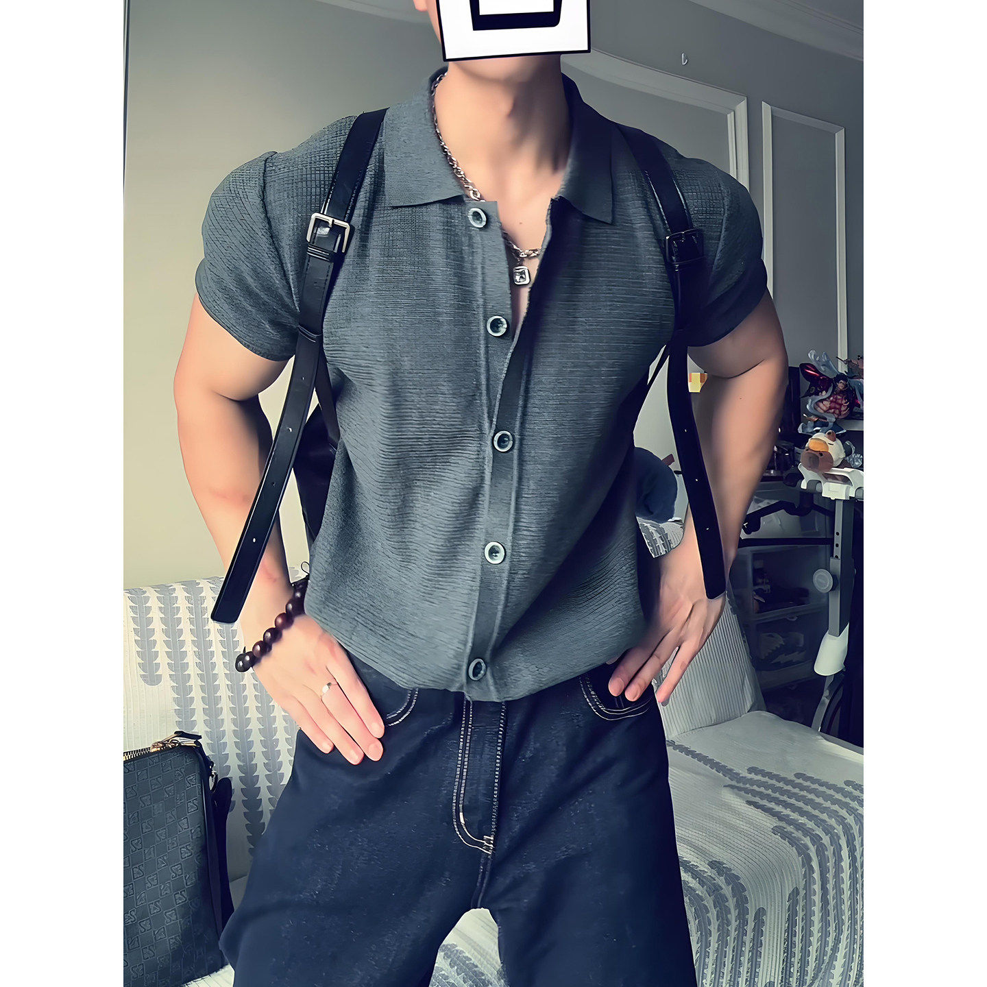 深灰色针织短袖衬衫男夏季人夫感穿搭半袖衬衣修身正肩老钱风t恤