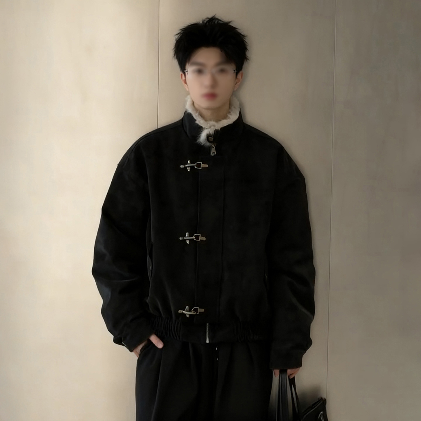 毛领PU皮衣棉服男新中式飞行夹克