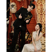 礼服金竹刺绣黑色西装 新中式 国风立领中山装 订婚衣服套装 外套 男士