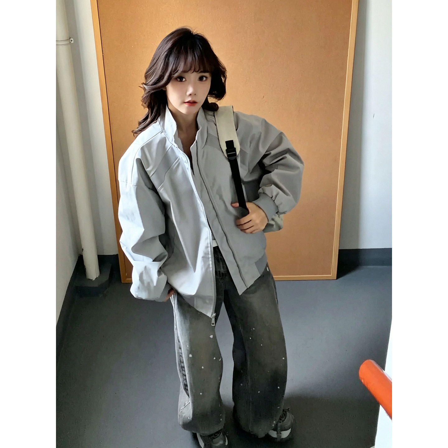 美式拼接高级感飞行夹克男女秋季廓形boxy立领外套正肩短款棒球服