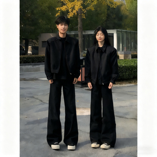 cleanfit黑色加绒西裤男女款冬季痞帅微喇直筒裤重磅垂感弯刀裤子