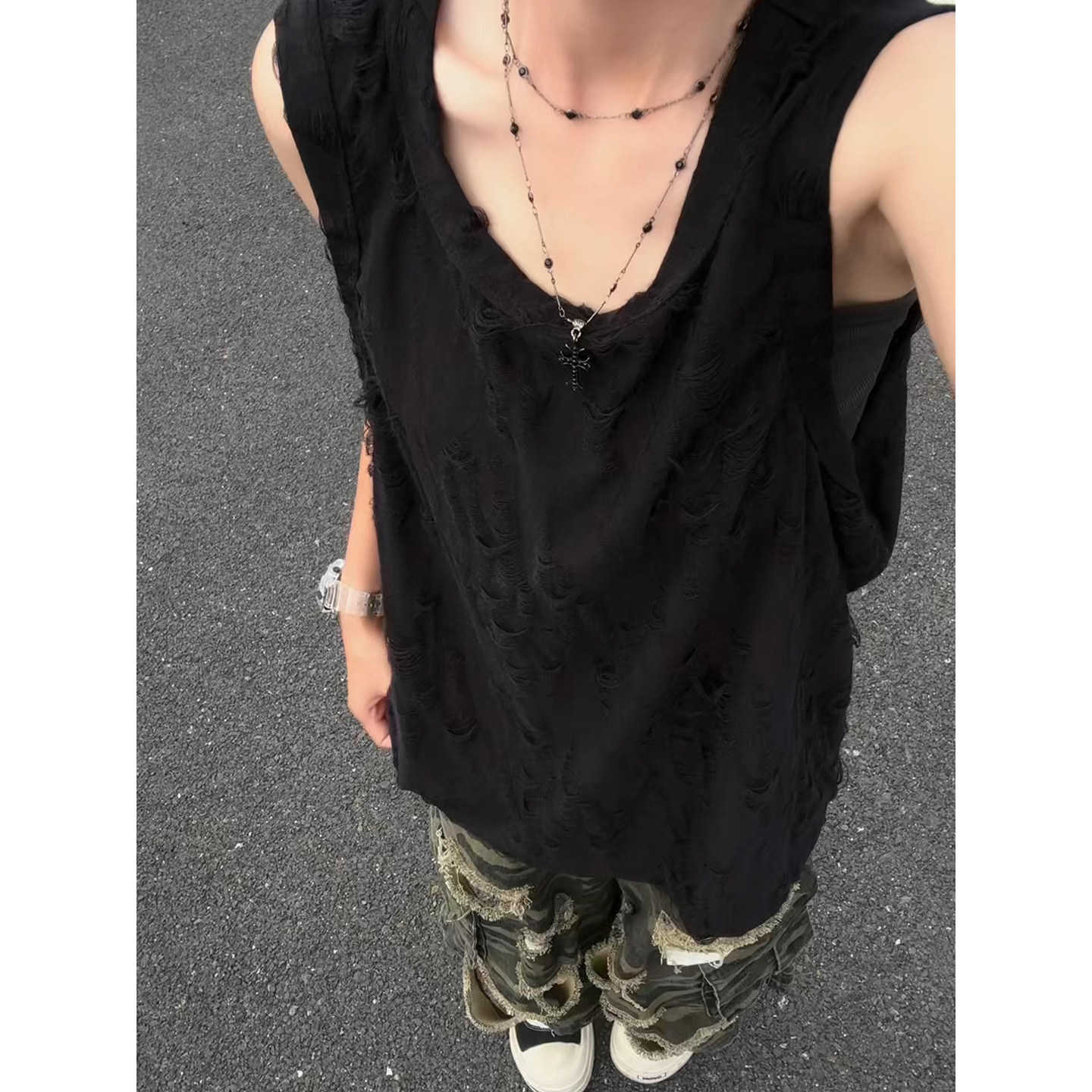 黑色破洞坎肩无袖背心男女夏季薄款速干运动t恤美式健身训练汗衫